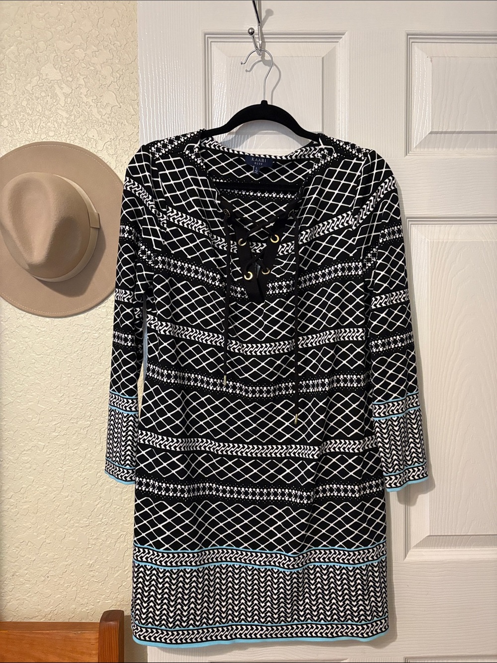 Kaari Blue Black and White Patterned Mini Dress